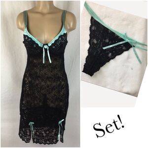 Donna L'Oren Satin & Lace Sleep Dress & Thong Panty Set New